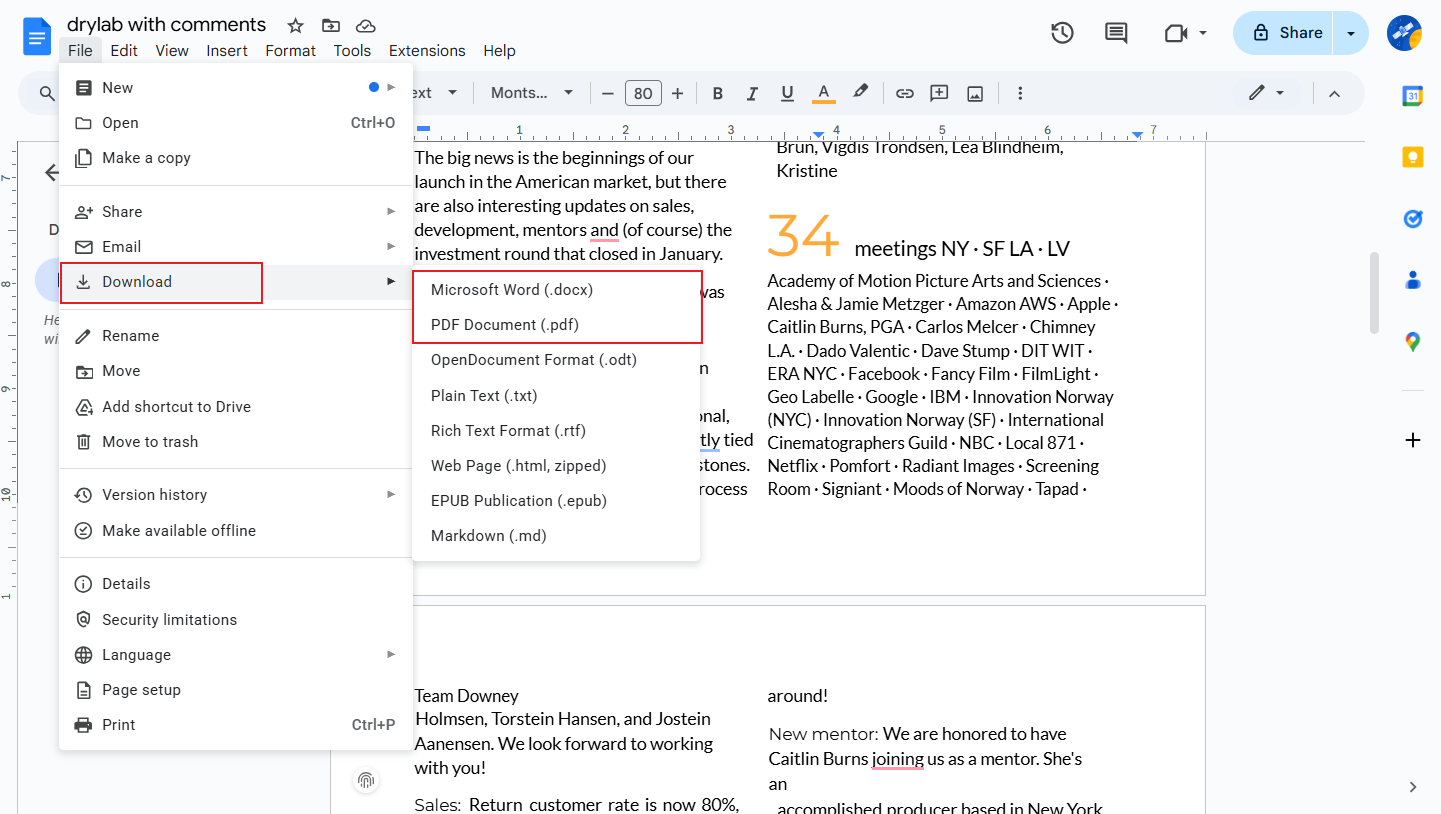 Click File and move to download to save the file in Google Docs