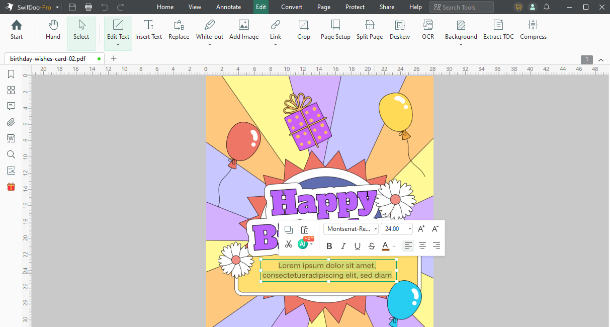 Edit Text in a PDF Birthday Card