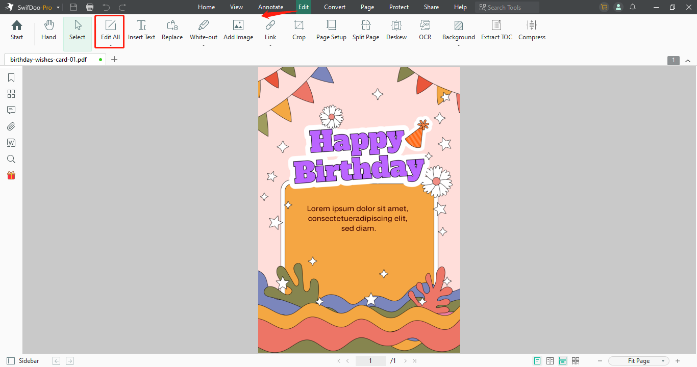 Edit text in the birthday wishes card for your niece