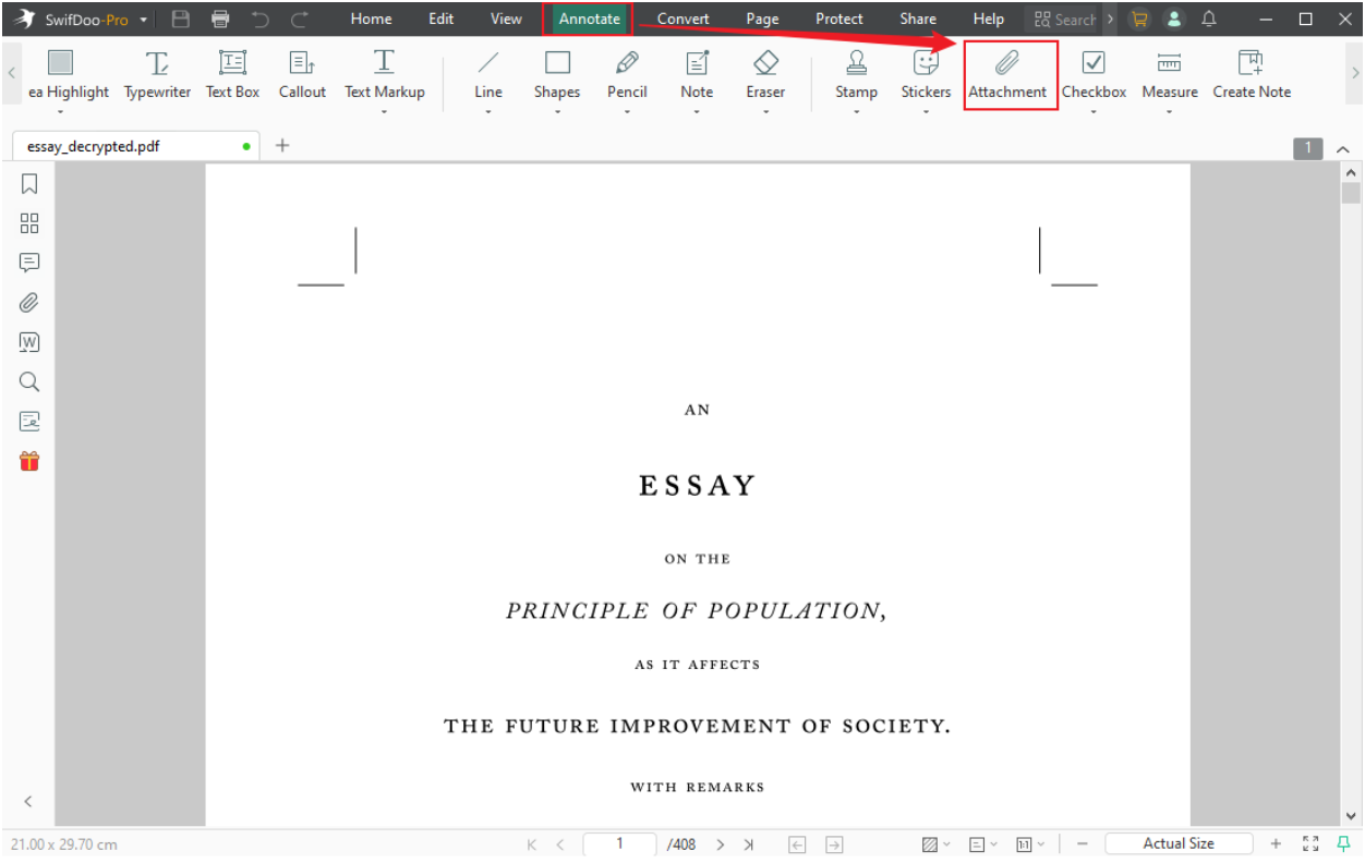 Go to Annotate and click the Attachment option in SwifDoo PDF