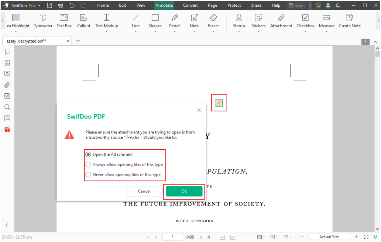 Click the attachment and choose one option like Open the Attachment to open this file in SwifDoo PDF