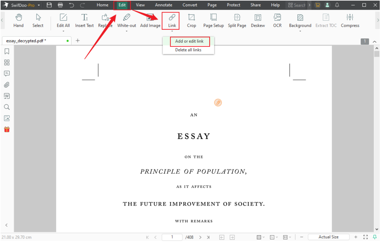 Go to Edit and click the Add or edit link option from the Link list in SwifDoo PDF