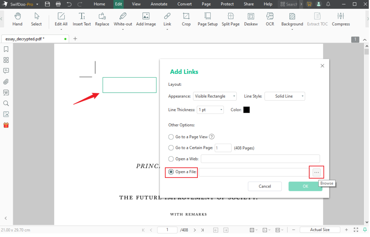 Select the Open a File option and add your target Excel file into the PDF file in SwifDoo PDF
