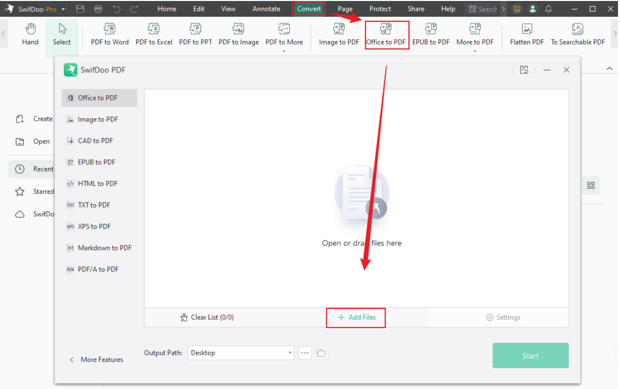 Switch to the Convert tab and select the Office to PDF option in SwifDoo PDF