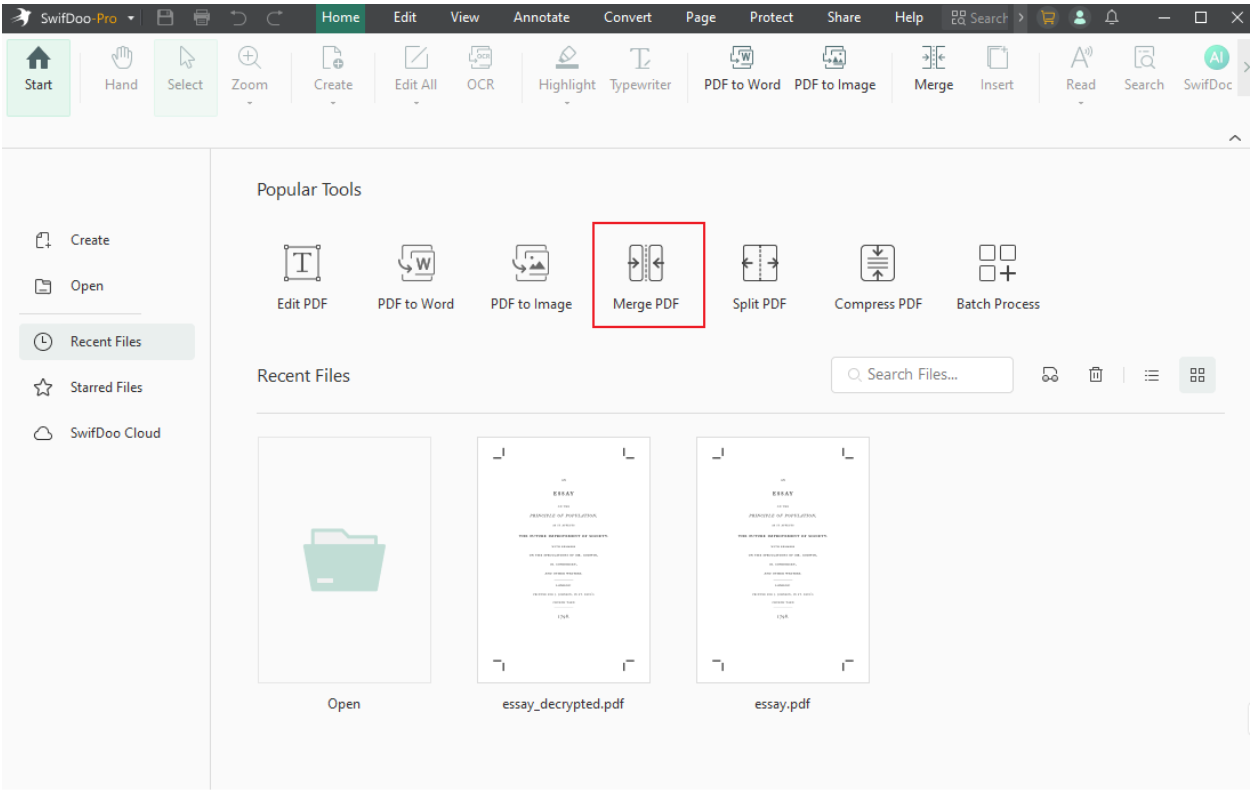 Click the Merge PDF option under the Home tab of SwifDoo PDF