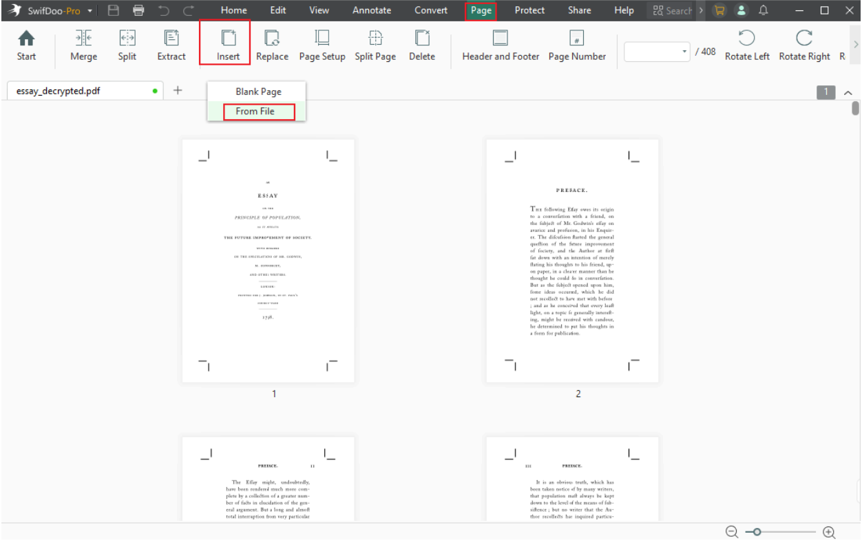 Go to the Page tab to insert the converted Excel file page into the PDF in SwifDoo PDF