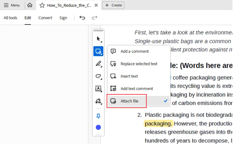 Select the Attach file option in Adobe Acrobat