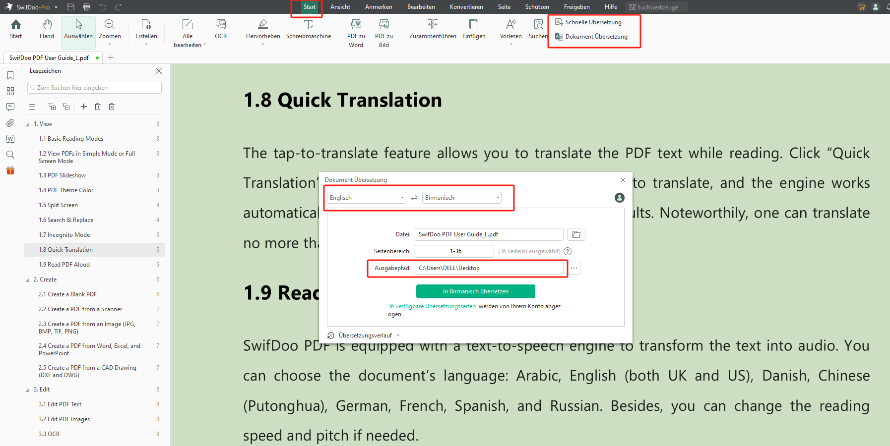 Klicken Sie auf Start > Dokumente Übersetzung und wählen Sie Englisch und Birmanisch als Eingabe- bzw. Ausgabesprache. Wählen Sie dann einen Ausgabepfad, um die übersetzte Datei zu speichern.