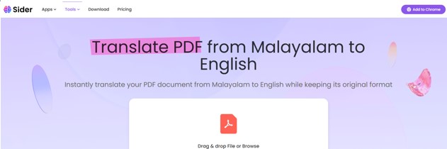 English to Malayalam Translation on PDF with Sider