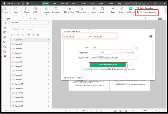 English to Malayalam Translation on PDF with SwifDoo PDF 2