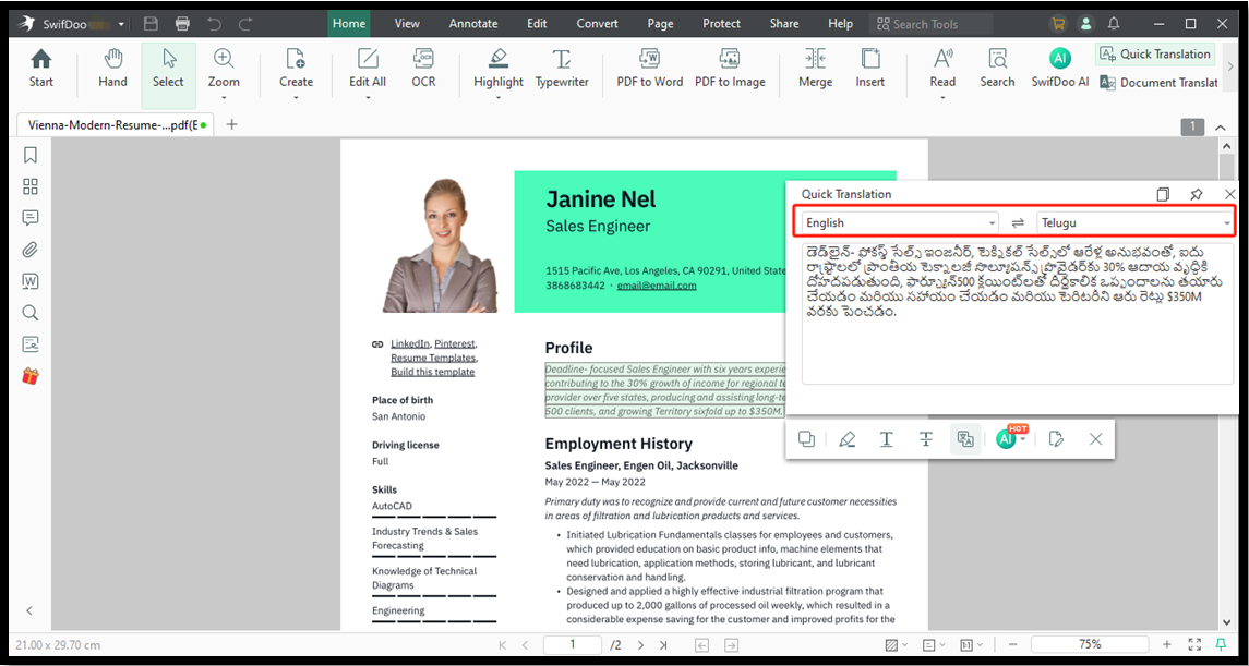 English to Telugu translation on PDF with SwifDoo PDF 2