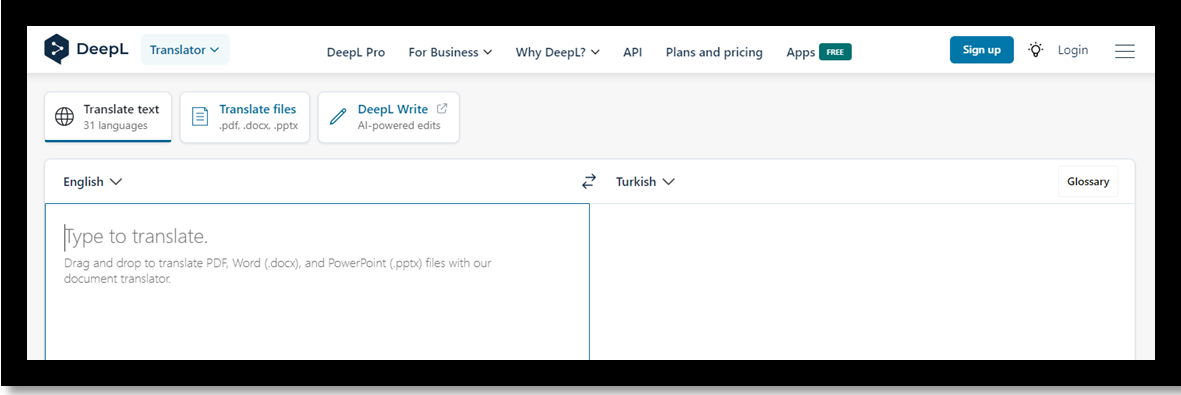 English to Turkish translator DeepL