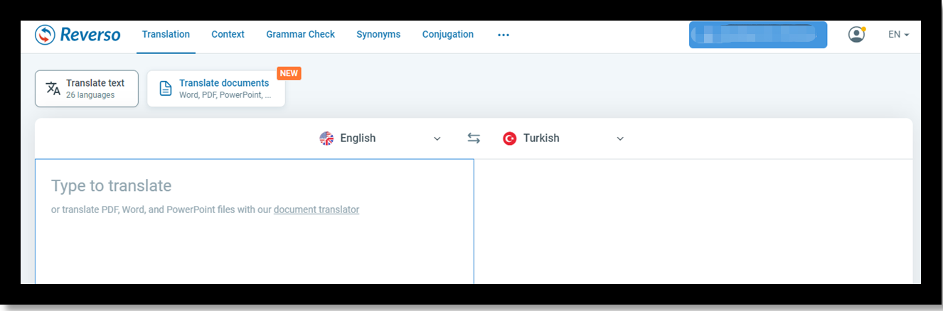 English to Turkish translator Reverso