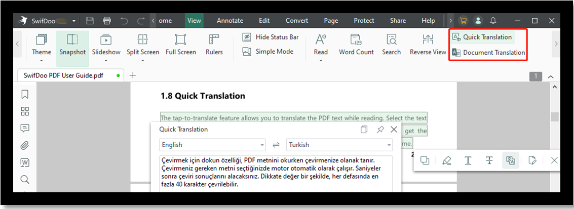 English to Turkish translator SwifDoo PDF