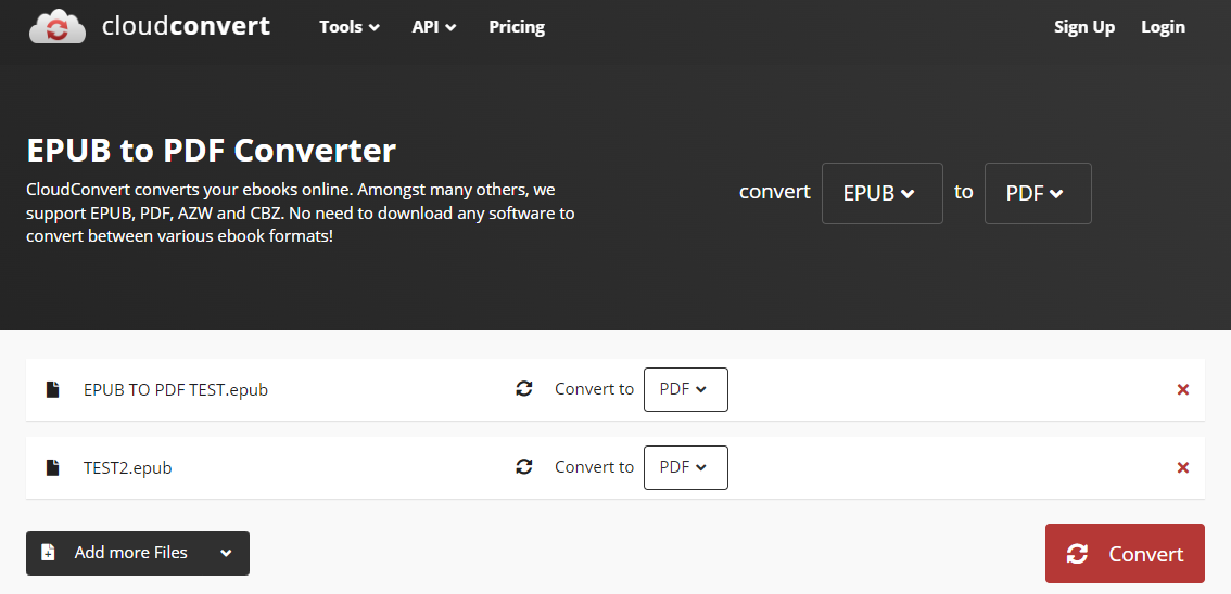 CloudConvert EPUB to PDF converter 