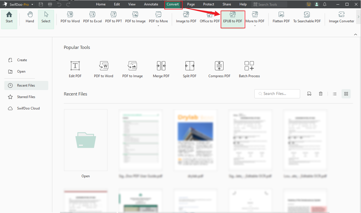 Click Convert and choose the EPUB to PDF option in SwifDoo PDF