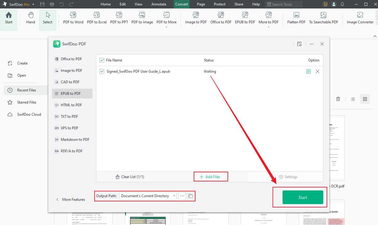 Import the target EPUB file and click Start to convert it to a PDF file in SwifDoo PDF