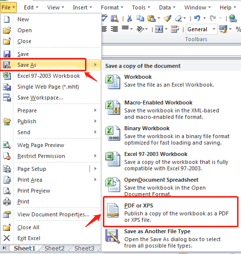 Um das Excel-Blatt als PDF-Dokument zu speichern, können Sie die folgenden Schritte befolgen, um Excel in Office 2010 in PDF zu konvertieren: