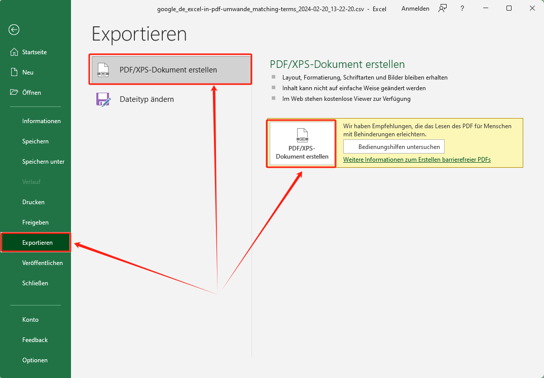 Schritt 2: Klicken Sie auf Exportieren > PDF/XPS-Dokument erstellen.