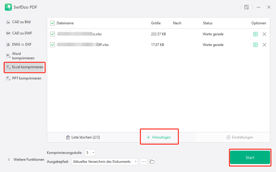 Importieren Sie alle Ihre Excel-Tabellen und wählen Sie eine Komprimierungsstufe. Tippen Sie dann auf Start.