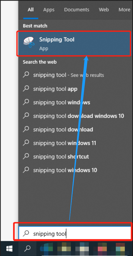 Klicken Sie unter Windows auf die Schaltfläche Start, um nach dem Snipping Tool zu suchen, und öffnen Sie es;