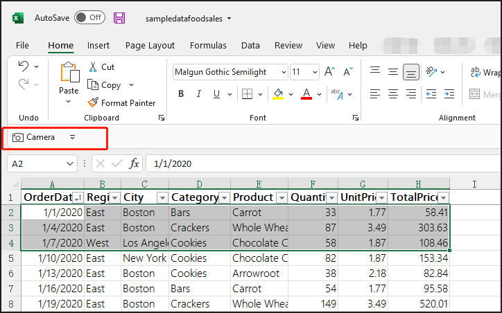  Wählen Sie das Excel-Diagramm, die Tabelle oder andere Daten aus, die Sie in Excel brauchen, und klicken Sie auf das Kamera-Symbol in der oberen linken Ecke;
