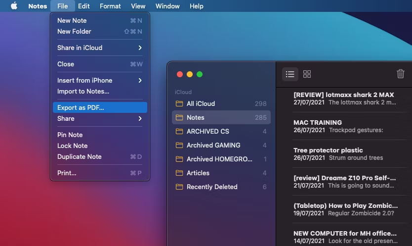 Export Apple Notes to PDF on Mac
