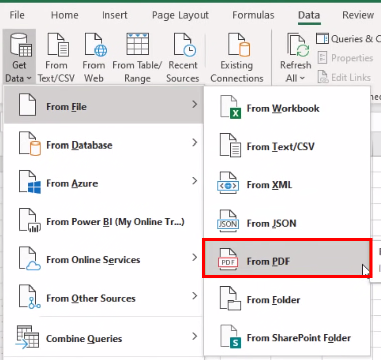 Extract data from PDF to Excel with Microsoft Excel step 2