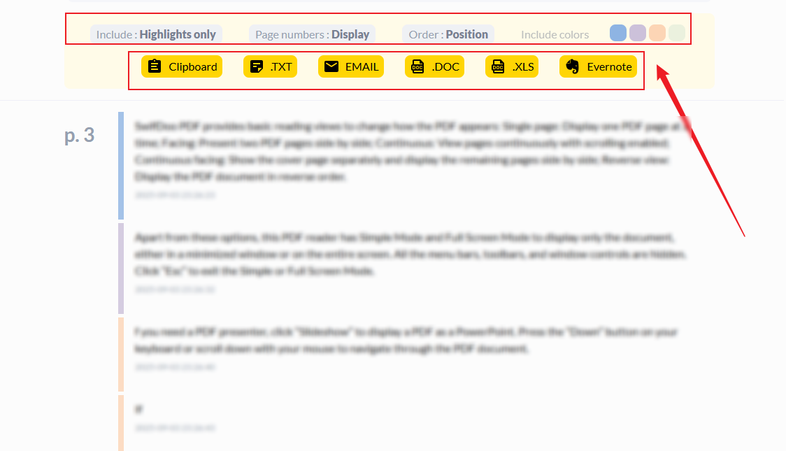 Choose the highlighted text you want to export and select the target output format in Sumnotes