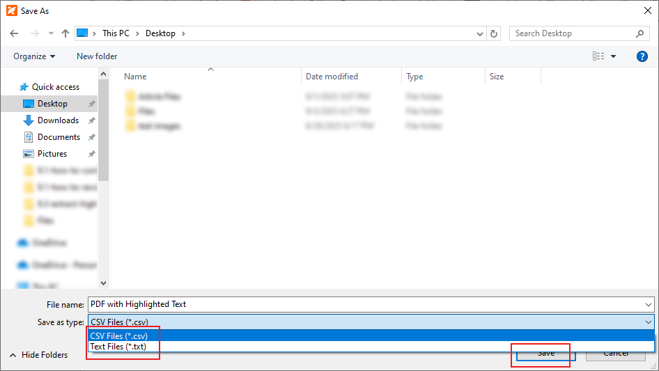 Name the export file and choose the CSV or TXT format in Foxit PDF Reader