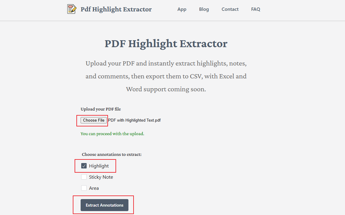 Tick the Highlight option and click the Extract Annotations button in PDF Highlight Extractor