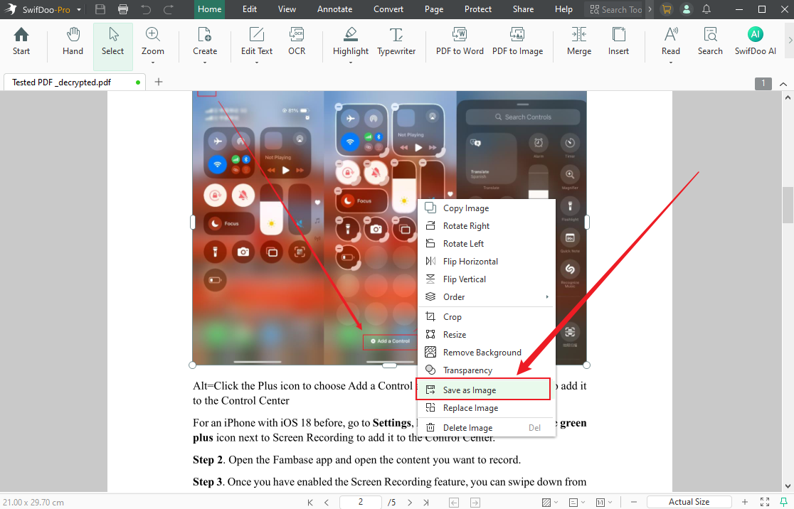 Right-click on the target image and select the Save as Image option in SwifDoo PDF
