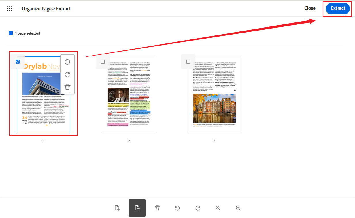 Select the target PDF pages and click Extract in Adobe Acrobat Online