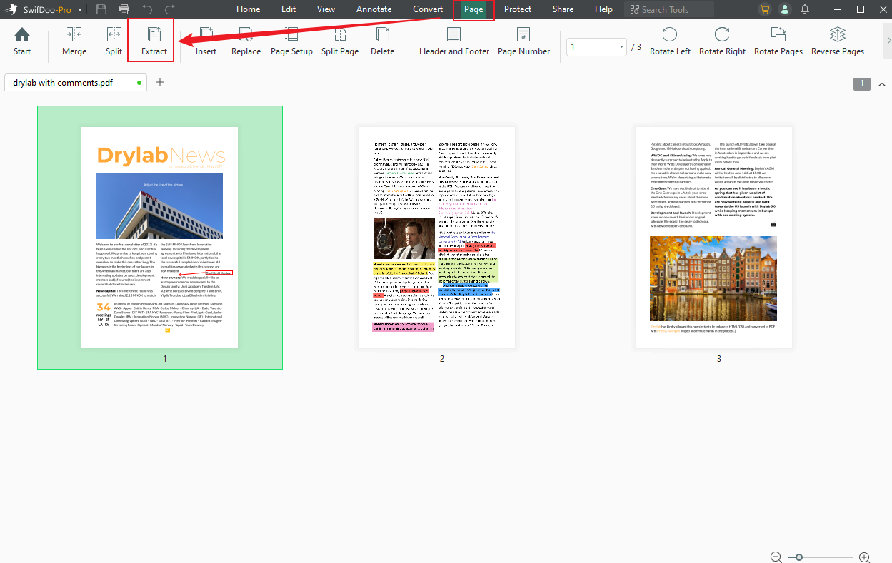 Click Page and select the Extract option in SwifDoo PDF