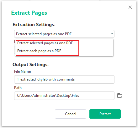 Customize the pages extraction settings in the Extract Pages window of SwifDoo PDF