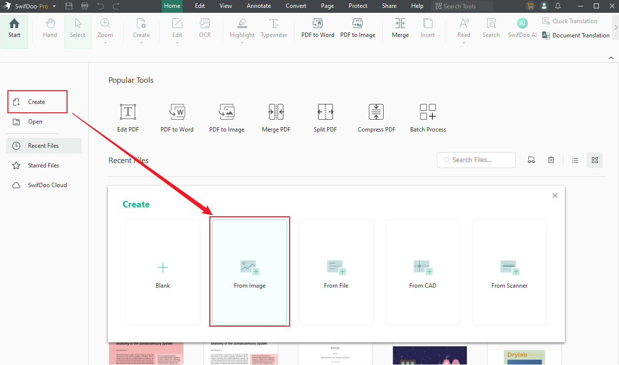 Click Create to choose to create a PDF from image in SwifDoo PDF