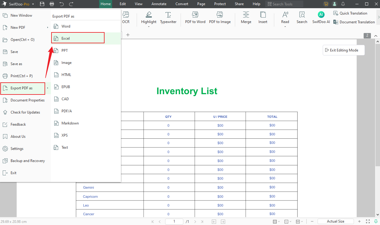 Open the SwifDoo menu to choose to export the table as an Excel file in SwifDoo PDF