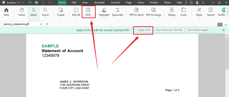Click Apply OCR or OCR in SwifDoo PDF