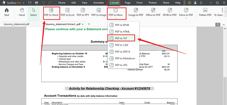 Go to Convert and use PDF to Word or PDF to TXT to make the PDF editable in SwifDoo PDF