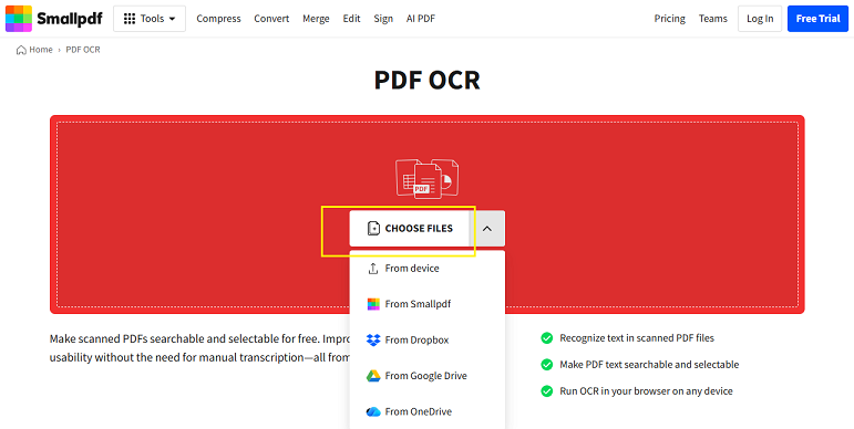 Click CHOOSE FILES to upload your PDF image into Smallpdf