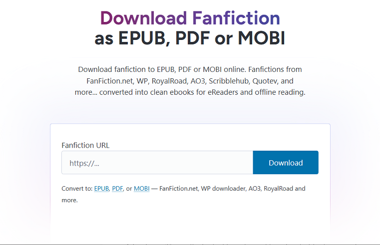 The interface of FicDownload – an online fanfiction downloader
