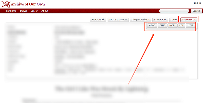 Click Download and choose to save fanfiction as PDF or another format in AO3