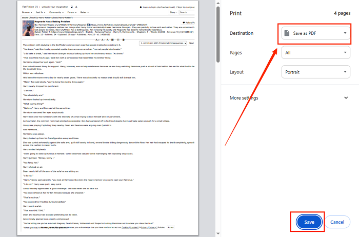 Select Save as PDF to save the FanFiction.net stories as a PDF