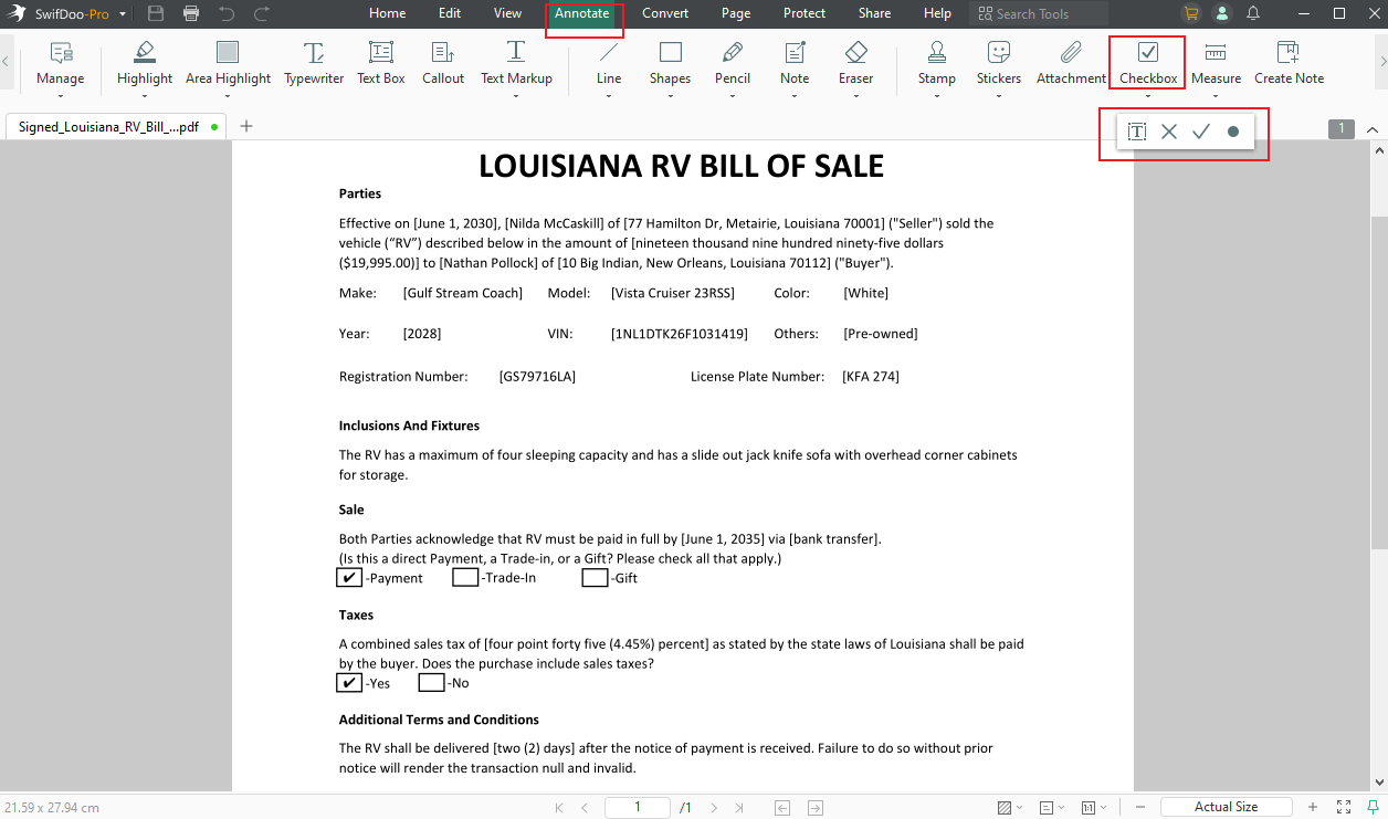 Go to Annotate and open the Checkbox menu to make a choice in SwifDoo PDF