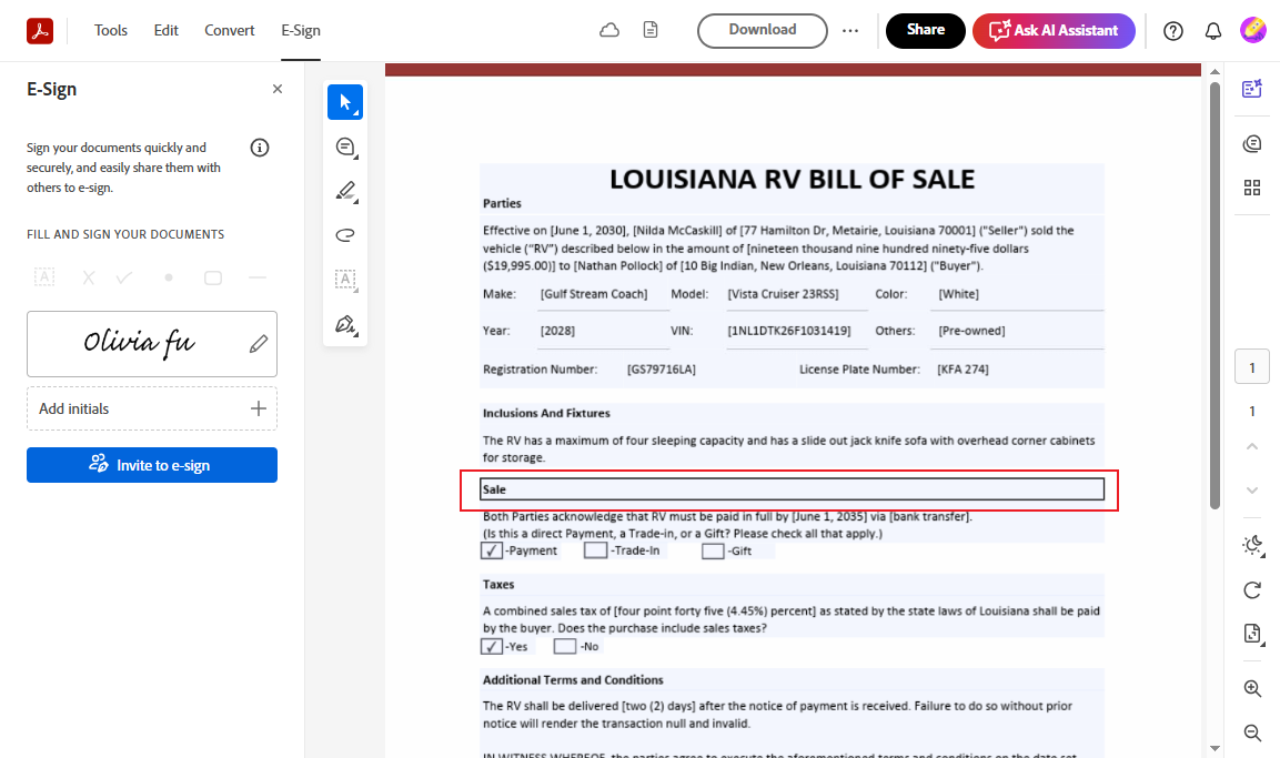 Fill in the fillable PDF form in Acrobat Online