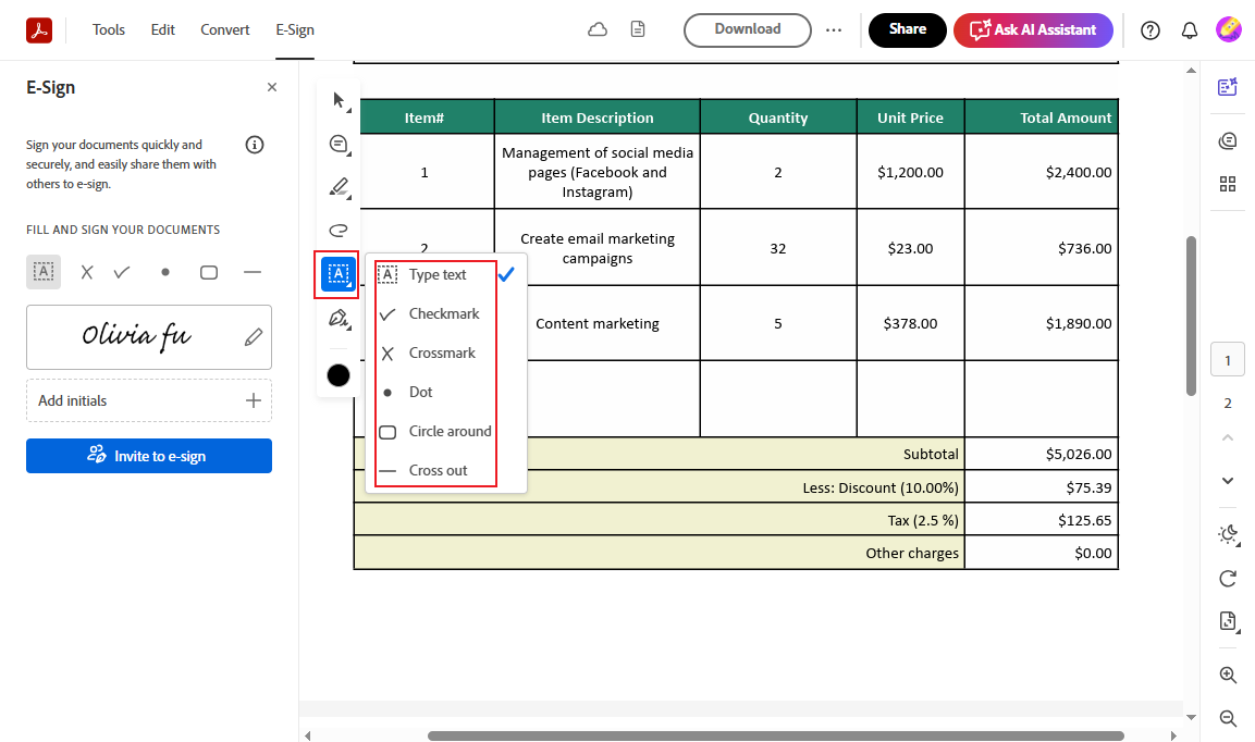 Click the Fill in form field option in Acrobat Online to fill in the PDF form