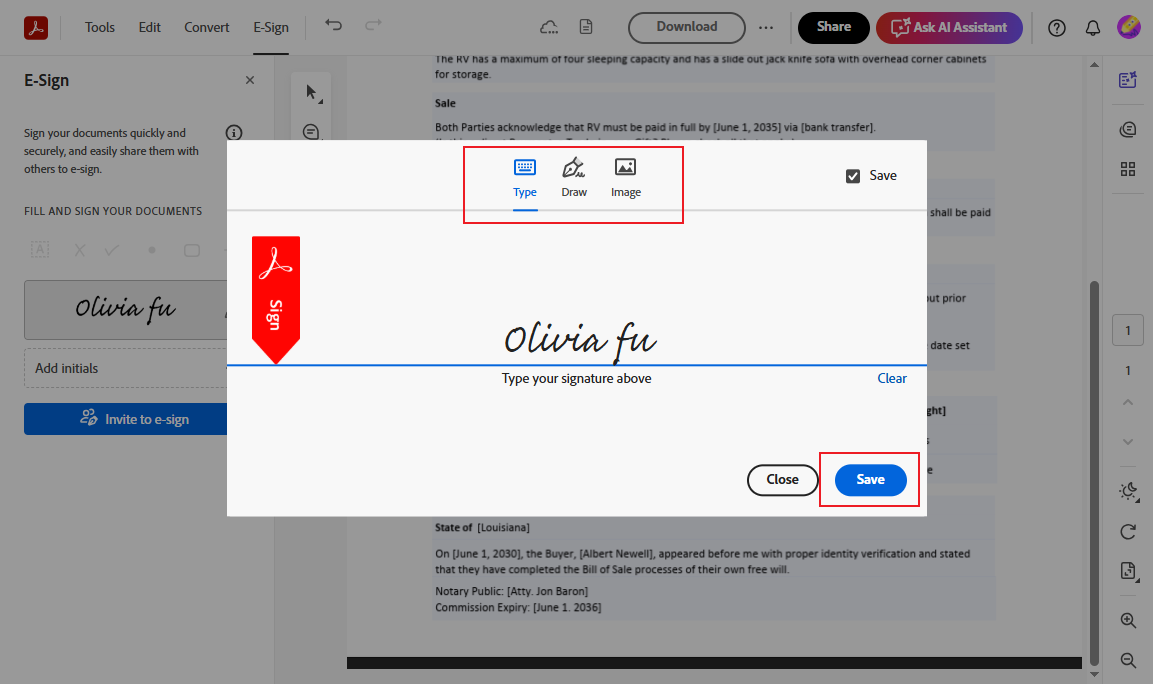 Choose to create a signature via typing, drawing, or uploading in Acrobat Online
