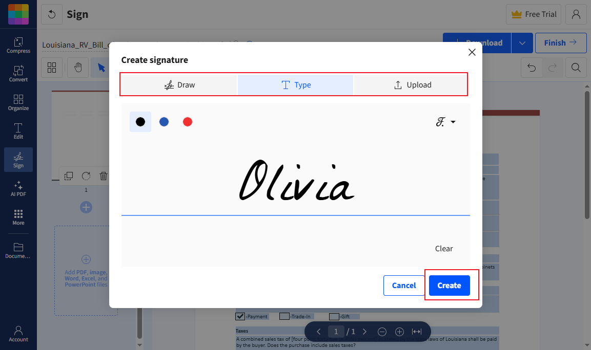 Select to create a signature via drawing, typing, or uploading in Smallpdf