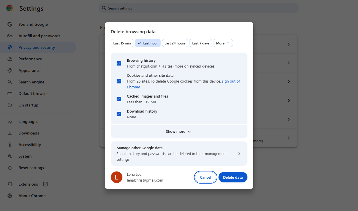 Clear Chrome Cache and Cookies