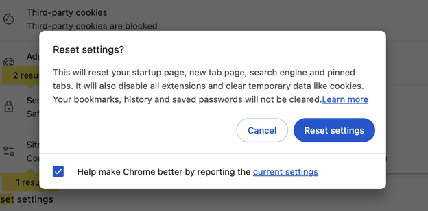 Reset Chrome Settings